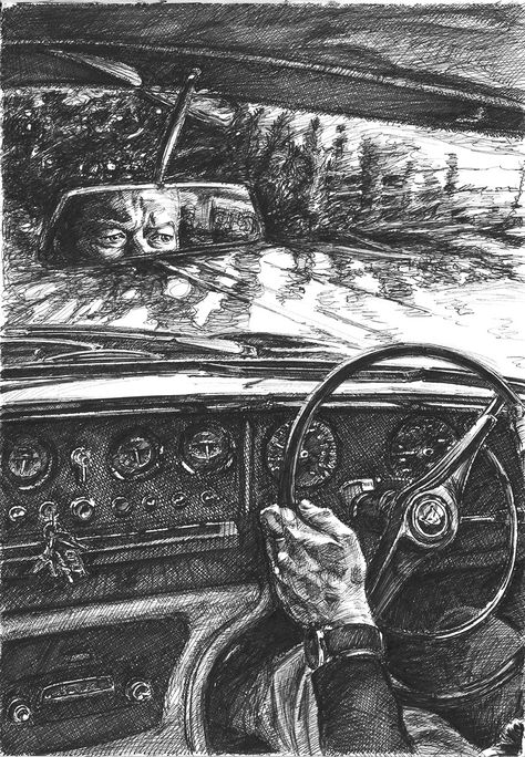 Fineliner drawing of the interior of a Jaguar MK10 driving into a sunset Car Interior Reference, People In Car Drawing, Car Driving Drawing, Inside Car Drawing, Drive Inktober, Car Interior Drawing, Drive Sketch, Driving Drawing, Drive Drawing