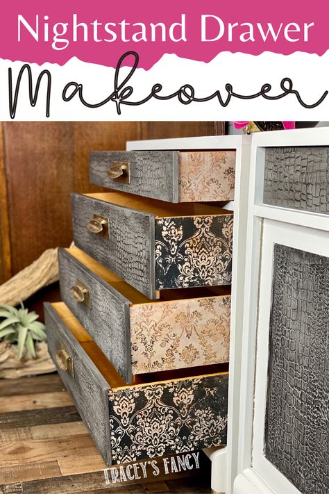 Decoupaged Drawer Sides with Gorgeous Damask Printed Paper on a nightstand drawer ... alternating colors and very detailed Decoupage On Furniture Ideas, Decoupage Furniture Mid Century, Inside Drawer Makeover, Decoupage Dresser Drawers, Mcm Nightstand, Dresser Drawer Liners, Decoupage Dresser, Drawer Detail, Decoupage Drawers