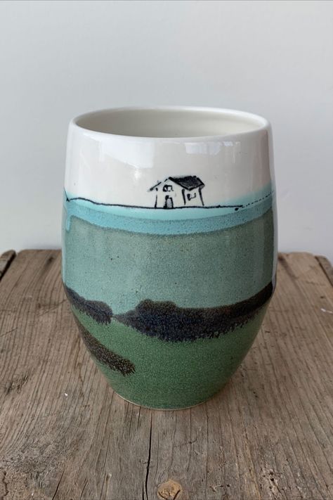 Pottery Painting Ideas Landscape, Birthday Pottery, Landscape Pottery, Fernie Bc, Throwing Clay, Blue Color Combinations, Hand Painted Designs, Green Pottery, Hand Painted Mugs