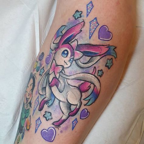 Eeveelutions Tattoo Ideas, Pokemon Eeveelutions Tattoo, Glaceon Tattoo, Eeveelutions Tattoo Sleeve, Sylveon Tattoo Ideas, Sylveon Tattoo, Eevee Floral Tattoo, Shiny Eevee, Holly Marie