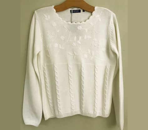 Tulchan BNWT white cotton knit jumper Medium Hand embroidered Crochet trim Floral embroidery by Bluetwinklecat on Etsy Embroidered Crochet, Heavy Knit Sweater, Embroidery Crochet, Label M, Cotton Shift Dress, Turtle Neck Jumper, Cotton Jumper, Crochet Lace Trim, Pullover Sweater Women