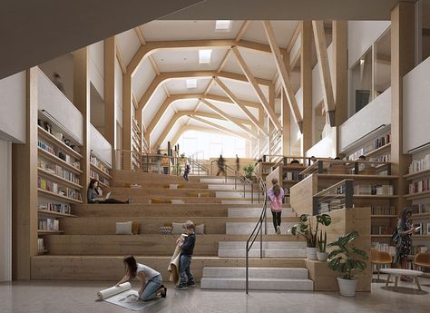 Timber Architecture, University Architecture, Library Architecture, Stairs Architecture, Architectural Visualization, Architecture Design Concept, Architecture Rendering, Education Architecture, Library Design