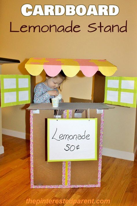 Don't toss your old cardboard boxes. Upcycle them into fun. Cardboard box lemonade stand for the kids Cardboard Lemonade Stand, Easy Diy Lemonade Stand, Snow Cone Stand, Diy Lemonade Stand, Summertime Activities, Diy Lemonade, Cardboard Playhouse, Prop Box, Summer Schedule