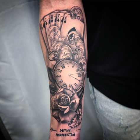 Card Rose Tattoo, Music Rose Tattoo, Igor Tattoo, Rose Clock Tattoo, Tatto Clock, Tattoo Trends 2023, Gambling Tattoos, Time Clock Tattoo, Flower Tattoo Sleeve Men