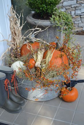 Three Pixie Lane: October 2011 Thanksgiving Decorations Outdoor, Pumpkins And Gourds, Fall Front Porch Decor, Fall Arrangements, Fall Thanksgiving Decor, Metal Bucket, Fall Deco, Autumn Decorating, Fall Front Porch