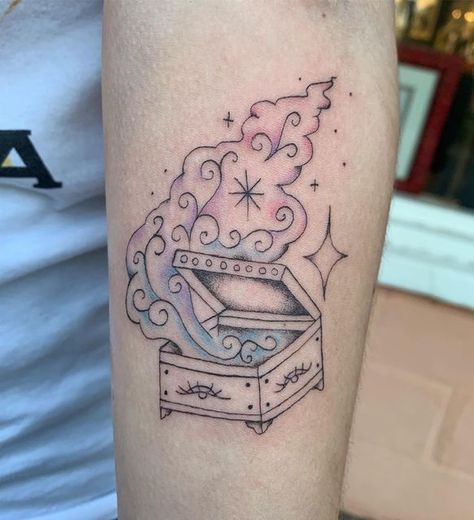 Pandora Box Art, Pandoras Box Tattoos, Pandoras Box Aesthetic, Jewelry Box Tattoo, Pandora's Box Tattoo, Pandora Tattoo, Monopoly Diy, Box Tattoo, Hope Tattoo