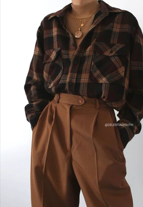 Brown Pants, Brown Plaid, Dark Academia, A Woman, Plaid, Wall, Pants, White, Black