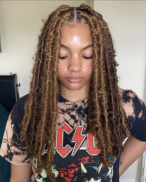 Color 27 Faux Locs, Brown Faux Locs Black Women, Honey Blonde Faux Locs, Hair Locs, Locs Styles, Honey Brown Hair, Butterfly Locs, Faux Locs Hairstyles, Braided Cornrow Hairstyles