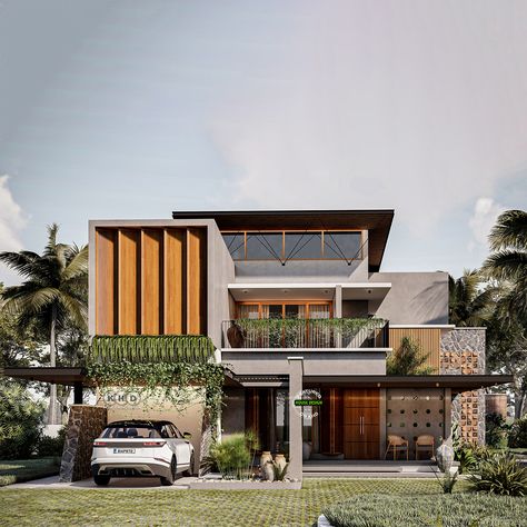 Tropical Flat roof house Modern House Front Design, Home Front Wall Design, Modern House Front Elevation, House Front Elevation, Modern Elevation, Front Wall Design, Board Background, Flat Roof House, Kerala House