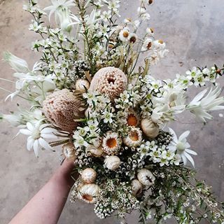 One of our all time favourite bridal bouquets using all Australian native flowers. A mix of dried and fresh florals using soft creams and white. Australian Summer Wedding Flowers, Australian Botanicals, Native Wedding, Gypsophila Bouquet, Aussie Christmas, Australian Flowers, Succulent Bouquet, Australian Native Flowers, Wedding Bouquets Bride