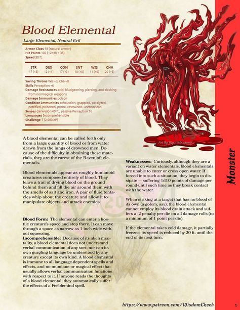 Download the Free printer-friendly PDF for the Blood Elemental Monster here:
https://www.patreon.com/posts/monster-blood-68672757 Elemental Monster, Dungeons And Dragons Races, Monster Board, Dnd Stats, Dnd Character Sheet, Dnd Stories, Dnd World Map, Dungeon Master's Guide, Dnd Races