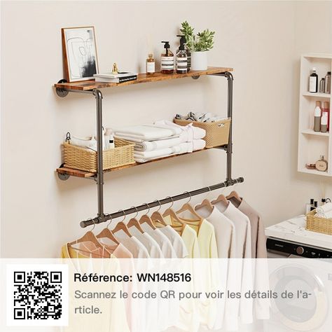 Spare Bedroom Dressing Room Ideas, Shelf Clothing Rack, Clothes Storage Systems, Wall Mounted Wood Shelves, Pipe Clothes Rack, Bathroom Utility, Etagere Cube, Furniture Graphic, Rack Industrial