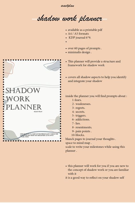 This planner will provide a structure and framework for shadow work and covers all shadow aspects to help you identify and integrate your shadow . inside the planner you will find prompts about : 1-fears. 2- weaknesses. 3- regrets. 4- secrets. 5- triggers. 6- addictions. 7- lies. 8- resentments. 9- pain points . 10-blocks. Shadow Work Journal, Work Journal, Planner Sheets, Daily Page, Work Planner, Shadow Work, Journal Prompts, Self Discovery, Printable Planner