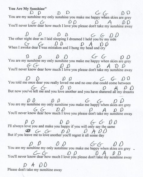 You Are My Sunshine (Traditional) Guitar Chord Chart in D Major 3 Chord Songs Guitar, Die With A Smile Guitar Chords, Golden Hour Guitar Chords, Yellow Guitar Chords, You Are My Sunshine Chords, Guitar Cords And Lyrics, You Are My Sunshine Guitar Chords, Me And Your Mama Guitar Chords, Basic Guitar Chords Chart