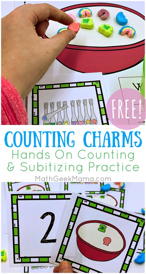 Have fun with tasty, hands on math using this St. Patrick's Day counting set. Use the simple printable for recognizing, counting & writing numbers to 10. Lucky Charms Math Activity, Counting Hands, Subitizing Cards, Elementary Math Lessons, Math Geek, Kindergarten Math Activities, Mama Blog, Educational Activities For Kids, Free Preschool