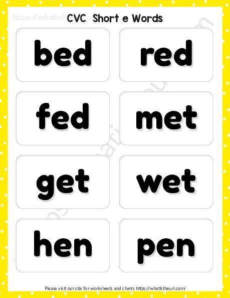 Cut and use as flash cards.  These Short “e” flash cards are bright and big.Please download the PDF: CVC Flashcards for Short e Cvc Flashcards, Cvc Short A, Short E Sound, Consonant Vowel Consonant Words, Short A Words, Vowel Consonant, Consonant Words, Short E Words, A Words