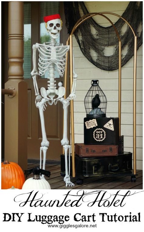 Haunted Hotel DIY Luggage Cart Breakfast Halloween, Classy Halloween Party, Classy Halloween, Diy Luggage, Diy Halloween Decor, Country Modern, Haunted Hotel, Halloween Front Porch, Sustainable Decor