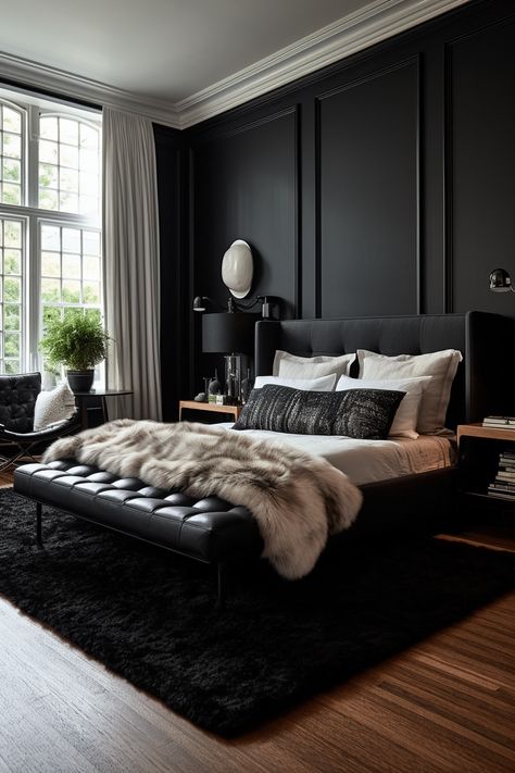 100+ Classic Black and White Bedroom Ideas Black And Grey Bedroom, Monochrome Bedroom, Black Bedroom Decor, White Bedroom Design, Romantic Bedroom, Bedroom Black, Bedroom Refresh, Black Bedding, Master Bedrooms Decor