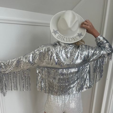 Purchased From Etsy For My Bachelorette Party But Never Worn! Bling Birthday Party, Cowgirl Bachelorette Party Outfits, Sequin Fringe Jacket, Cowgirl Jacket, Cowgirl Photoshoot, Cowgirl Bachelorette Parties, Fringe Clothing, Cowgirl Outfit, Cowgirl Bachelorette