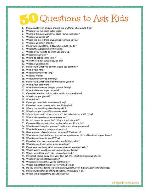 Some great conversation starters here!   50 questions to ask kids {plus free printable} from CrayonFreckles.com Questions To Ask Preschoolers, Questions To Ask Kids, 50 Questions To Ask, Kids Questions, 50 Questions, Au Pair, School Counseling, Positive Parenting, Questions To Ask