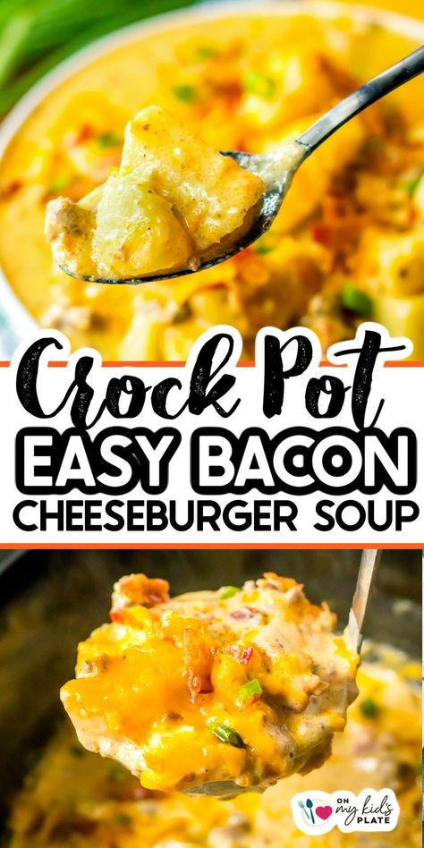 Easy cheesy slow cooker bacon cheeseburger soup is a hearty bowl full of tender chunky potatoes, flavorful ground beef, and delicious bacon all in a creamy cheesy broth. Bacon cheeseburger soup recipe is perfect for a busy day as the slow cooker does most of the work, and is great for the entire family. Burger Crockpot Recipes, Crockpot Hamburger Recipes, Soup Easy Crockpot, Chunky Potatoes, Ground Beef And Bacon, Cheeseburger Soup Crockpot, Cheeseburger Soup Recipe, Family Meals Kid Friendly, Slow Cooker Bacon