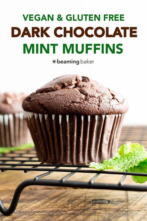 Gluten Free Moist Mint Dark Chocolate Chip Muffins (V, GF): an easy recipe for deliciously moist ‘n rich vegan dark chocolate mint muffins bursting with festive peppermint flavors & melty chocolate chips! Made with healthy ingredients. #GlutenFree #Vegan #Christmas #DarkChocolate #HealthyDesserts #MintChocolate | Recipe at BeamingBaker.com Mint Muffins, Dark Chocolate Chip Muffins, Chocolate Chip Muffins Vegan, Beaming Baker, Small Pastries, Cheesecake Vegan, Dark Chocolate Mint, Vegan Muffins, Vegan Dark Chocolate