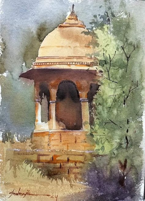 Water Colour Land Scapes, Watercolour Composition, Photography Buildings, Temple Painting, Landscape Tutorial, Land Scapes, Architecture Photography Buildings, Watercolor Scenery, Diy Photo Book