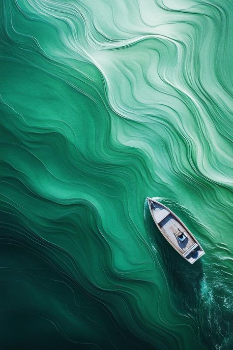 The artwork titled 'Emerald Ocean from Above' presents a mesmerizing aerial view of a serene ocean, distinguished by its captivating emerald hues. This piece expertly captures the vibrancy of nature, blending fluid brushstrokes and precise detailing to evoke a sense of calm and wonder. The rich greens of the water are elevated by the interplay of light and shadow, reflecting the shifting moods of the sea under varying conditions. This painting transports observers to a tranquil haven, where the waves dance gracefully across the canvas, embodying the dynamic, yet peaceful essence of ocean life.  At the heart of this composition lies a solitary white boat, gracefully navigating the expansive waters. The boat serves as a focal point amidst the enveloping emerald canvas, representing solitude Ocean Pictures Ideas, Under The Sea Artwork, Under Water Art, Waves From Above, Under Ocean, Wave Dance, Water Model, Vibrant Home, Boat Decor