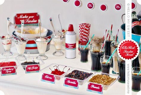 Coke Float Sundae Social... A build your own ice cream party would be fun! Though ... - http://goo.gl/uKAlvB Coca Cola Party, Soda Float, Coke Float, 50s Theme Parties, Soda Floats, Diner Party, 50s Diner, Fluff Recipe, Ice Cream Social