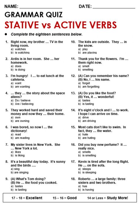 Present Simple or Continuous - Stative verbs worksheet Stative Verbs Worksheet, Stative Verbs, Practice English Grammar, Action Verbs Worksheet, English Grammar Test, Verbs Activities, Esl Grammar, Grammar Quiz, English Teaching Materials