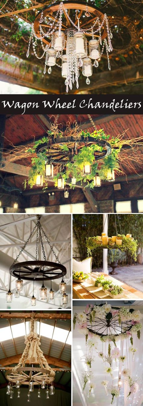 DIY wagon wheel chandelier ideas for rustic and vintage weddings Diy Wagon Wheel, Diy Wagon, Wagon Wheel Decor, Chandelier Ideas, Wedding Chandelier, Wheel Chandelier, Rustic Wedding Venues, Wagon Wheel Chandelier, Ideas Hogar