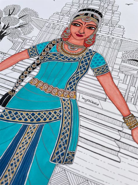 Madhubani inspired Kuchipudi dancer in blue costume at Ramappa Temple in Andhra Pradesh Ramappa Temple, Arunachal Pradesh Culture Drawing, Manipuri Traditional Dress Sketch, Madhya Pradesh Art, Andhra Pradesh Culture Illustration, Dance Of India, Vijaywada Andhra Pradesh, Andhra Pradesh, Diy Gifts