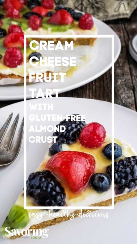 Luscious cream cheese filling spread over an almond crust, topped with fresh fruit and a tangy citrus glaze. Gluten Free Fruit Tart Recipes, Cream Cheese Fruit Tart, Gluten Free Fruit Tart, Citrus Glaze, Almond Fruit, Brunch Dessert, Almond Crust, Sugar Free Fruits, Fruit Tart Recipe