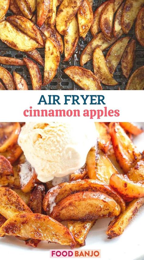 air fried cinnamon apples topped with ice cream Apple Recipes In Air Fryer, Air Fryer Apples Recipe, Baked Apples In Air Fryer, Airfryer Apples, Air Fryer Cinnamon Apples, Air Fried Apples, Air Fryer Apples, Crockpot Dessert, Apple Cinnamon Recipes