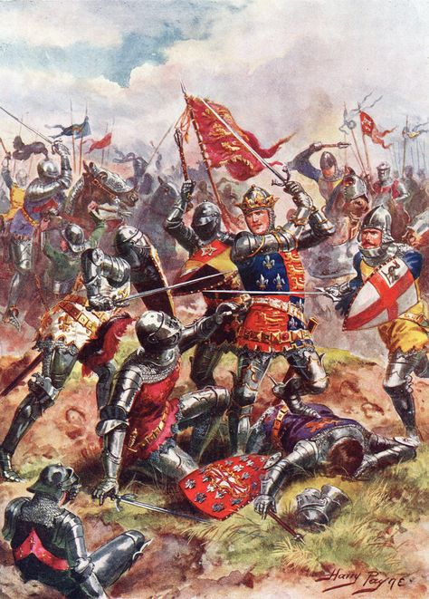 King Henry V at the Battle of Agincourt on 25th October 1415 in the Hundred Years War Battle Of Agincourt, Medieval Artwork, Historical Warriors, Medieval Ages, Ancient Warfare, King Henry, Medieval Period, Medieval Armor, Medieval Knight