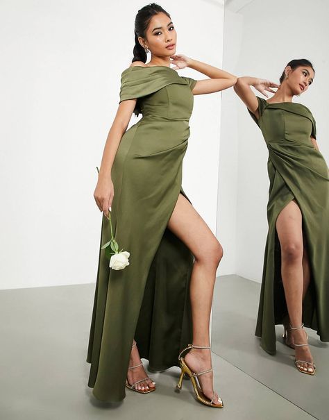 ASOS DESIGN satin bardot drape wrap maxi dress in olive - MGREEN | ASOS Red Off Shoulder Dress, Bridesmaid Satin, Olive Style, Ginger Dress, Strapless Dresses Short, Strapless Bodycon Dress, Green Dresses, Wrap Maxi Dress, Black Strapless Dress