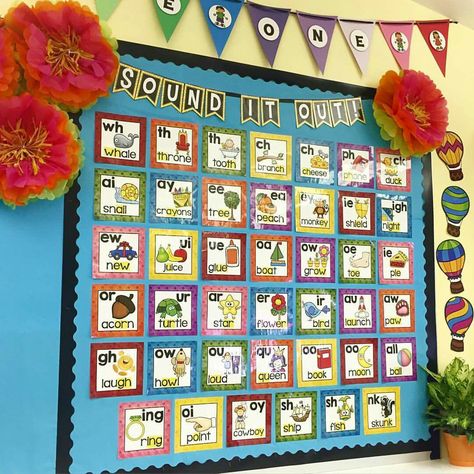 Phonics Bulletin Board Ideas 1st Grades, Phonics Wall Kindergarten, Ckla First Grade Bulletin Boards, Phonics Classroom Decor, First Grade Sound Wall, Sound Walls In Classroom, Bulletin Board Decoration Ideas, Phonics Bulletin Board, Phonics Wall