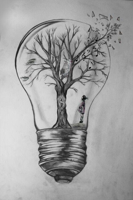 Pencilart my  wishtree and singing birdy Light Bulb Sketch, Freedom Drawing, Lightbulb Tattoo, Light Bulb Art, Freedom Art, Interesting Drawings, Pencil Portrait Drawing, Nature Art Drawings, Cool Pencil Drawings