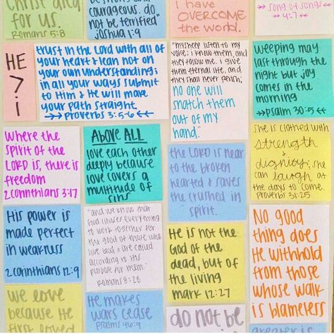 Keep bible verses on sticky notes and put them on your wall! Christian Sticky Notes Aesthetic, Sticky Notes Quotes, Encouragement Notes, Notes Quotes, Journal Bible Quotes, Mirror Quotes, Bible Cards, Write Notes, Bible Journal Notes