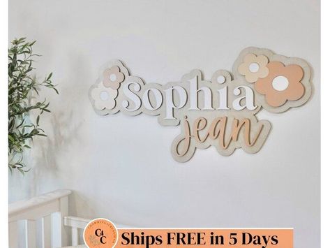 Custom daisy flower layered name sign, Boho floral baby nursery name sign, Large wood cutout name, Baby shower gift, Above crib wall art Baby Nursery Name Sign, Floral Baby Nursery, Baby Boy Signs, Custom Nursery Sign, Crib Wall, Nursery Name Sign, Wood Name Sign, Custom Nursery, Floral Nursery