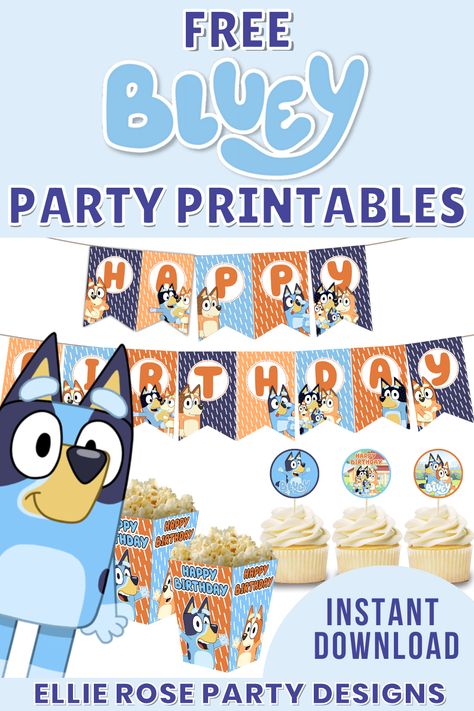 Get ready to organize the best Bluey birthday party with these free Bluey party printables. Download our free Bluey birthday banner, popcorn boxes and cupcake toppers to take your party to the next level! Click here to download! Free Printable Bluey Decorations, Easy Bluey Party Ideas, Bluey Birthday Party Balloon Arch, Cricut Bluey Birthday, Bluey Grannies Party, Diy Bluey Decorations, Bluey Food Ideas Party, Diy Bluey Birthday Decorations, Bluey Classroom