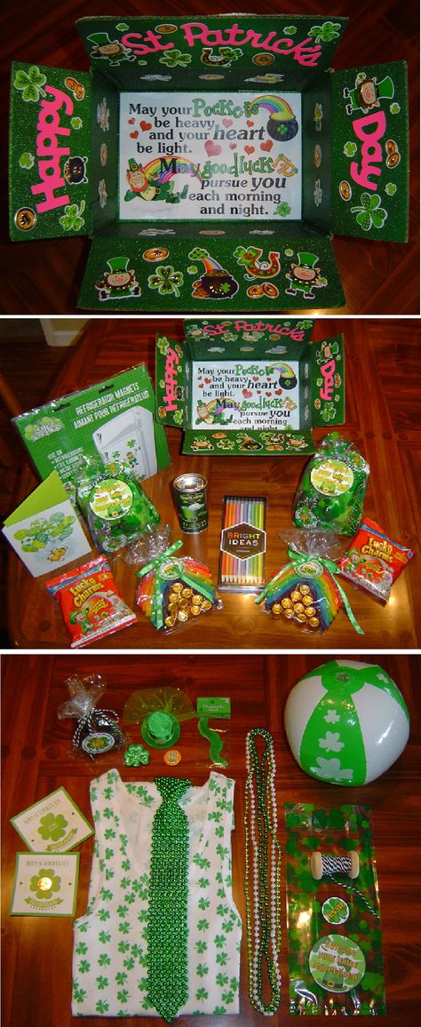 St. Patrick's Day care package. Used Krylon Glitter Blast Lucky Green spray paint. Enclosed "Release Your Inner Leprechaun" bag which included shamrock shirt, socks, beach ball & ring, mini clip-on leprechaun hat, beads, button, "pinch proof" nail polish, & "lucky" penny w/a scratch-off lottery ticket. Added some refrigerator magnets (they use them to decorate their dorm room door), rainbow pencils, Lucky Charms cereal, green hot chocolate mix, rainbow Twizzlers w/ Rolos candy. Rainbow Balloon Arch, St Patricks Day Wallpaper, Green Spray Paint, St Patricks Day Quotes, Lucky Charms Cereal, Military Care Package, Missionary Gifts, College Care Package, St Patrick's Day Decorations