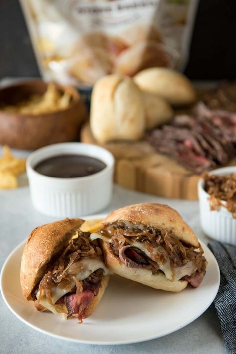 Tender & juicy London broil is the star of these French Dip Sandwiches with Caramelized Onion Au Jus, but slices from leftover holiday roasts would be equally delicious! French Dip Blackstone, London Broil Sandwich Recipes, French Dip Sandwich With Deli Meat, Leftover London Broil Recipes, London Broil Sandwich, Leftover London Broil, London Broil Crock Pot Recipe, Roast Beef Dip, Broil Recipes