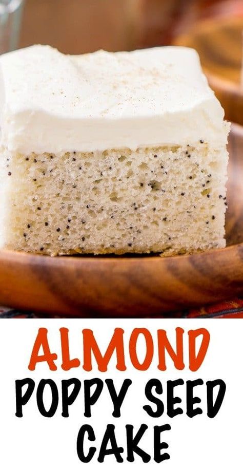 This Almond Poppy Seed Cake is made with simple, yet bold flavors - a dense almond cake loaded with poppy seeds and topped with a whipped vanilla frosting. A cozy and easy sheet cake that belongs on every dessert table. Almond Poppy Seed Cake, Whipped Vanilla Frosting, Almond Poppyseed, Poppy Seed Cake Recipe, Seed Cake, Poppy Seed Cake, Spend With Pennies, Almond Cake, Vanilla Frosting