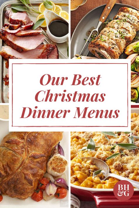 Each traditional Christmas dinner menu features a main course—including ham, turkey, beef, and vegetarian options—paired with two or three side dishes, desserts, or drinks to jump-start your holiday menu planning. #holiday #christmasmenu Christmas Ham Dinner, Christmas Eve Dinner Menu, Christmas Dinner Menu Ideas, Traditional Christmas Dinner Menu, Christmas Turkey Dinner, Christmas Dinner Recipes Easy, Traditional Christmas Dinner, Easy Christmas Dinner, Dinner Menu Ideas