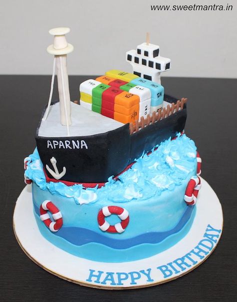 Cargo ship theme customized cake with 3D ship in Pune. For my other creations, please visit my website www.sweetmantra.in Thomas Birthday Cakes, Marine Cake, Boat Cake, Customized Cake, Nautical Cake, Dinosaur Birthday Cakes, Adult Birthday Cakes, 3d Cakes, Cargo Ship