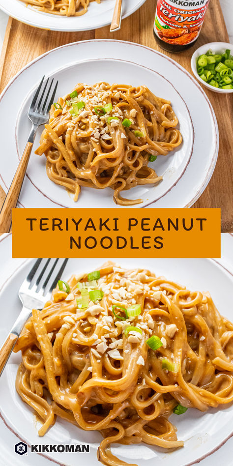 Satisfy your cravings with these flavorful Teriyaki Peanut Noodles! Made with creamy peanut butter, Kikkoman® Teriyaki Marinade & Sauce, and a hint of lime, this dish is ready in under 20 minutes. Topped with chopped peanuts and green onions, it's the perfect quick and delicious meal! Peanut Butter Pasta Recipes, Rice Noodle Meals, Peanut Butter Asian Noodles, Peanut Noodles With Vegetables, Peanut Butter Pad Thai, Peanut Butter Pasta, Cold Peanut Noodles, Peanut Noodles Recipe, Peanut Butter Noodles