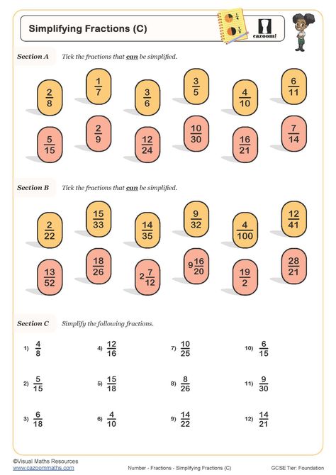 Algebraic Fractions, Simplify Fractions, Fraction Worksheet, Proper Fractions, Simplifying Fractions, Improper Fractions, Equivalent Fractions, Fractions Worksheets, Educational Worksheets