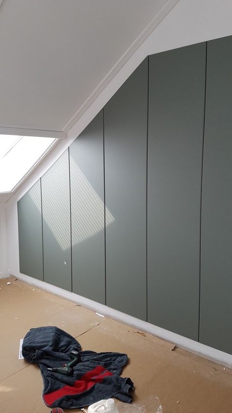 Slanted Ceiling Closet, Sloped Ceiling Closet, Diy Built In Wardrobes, Sloped Ceiling Bedroom, Ikea Wardrobe Hack, Loft Conversion Bedroom, Built In Closet, Attic Bedroom Storage, Attic Wardrobe