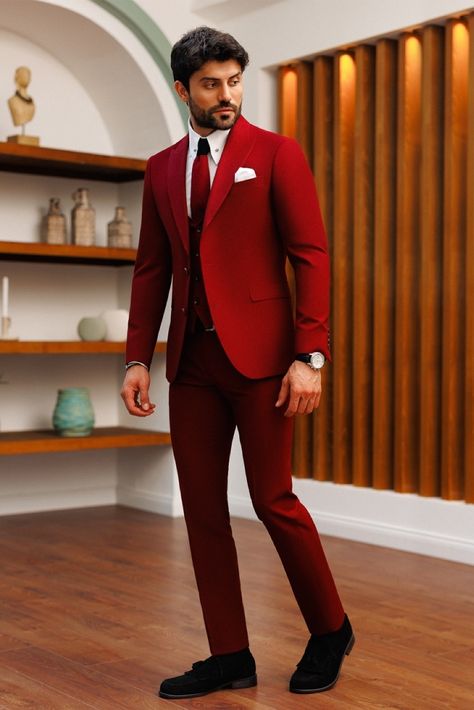 Embody the essence of refined style with our captivating bordeaux slim-fit suit 3-piece collection. Embrace a remarkable ensemble that showcases a commanding peak lapel design and a precision fit, empowering you to radiate confidence and sophistication. #suit #suits #suitup #formalattire #menstyle #menfashion #gentleman #dapperlook #formalwear #fashioninspo Black Double Breasted Suit, Blazer Waistcoat, Suit Styles, Double Breasted Tuxedo, Suit Stores, Lapel Design, Slim Fit Suit Men, Radiate Confidence, Slim Fit Tuxedo